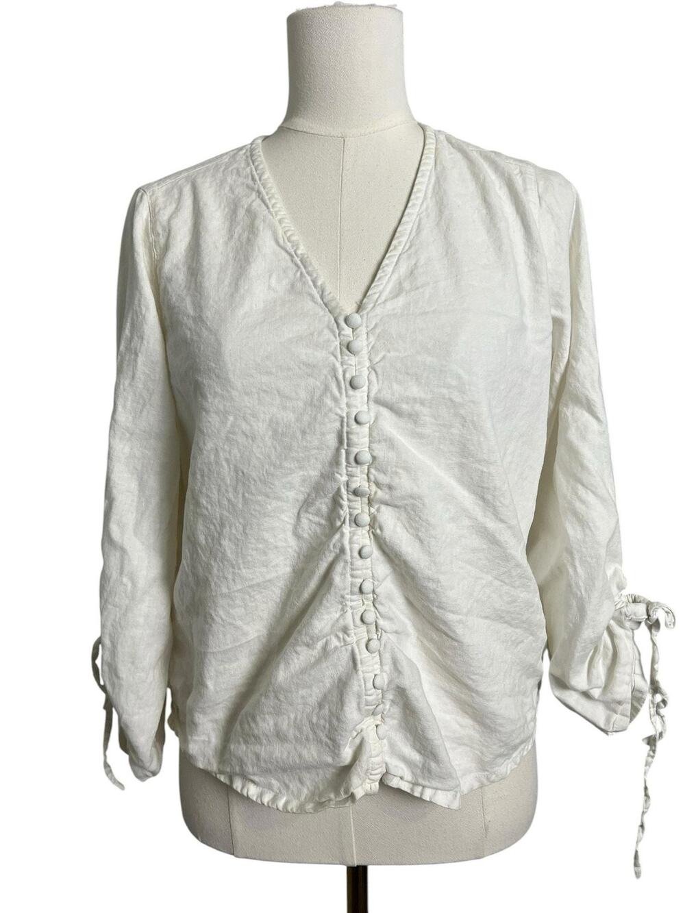 Cynthia Rowley White Linen Blend Ruched Button Front Blouse Small Tie Sleeve Top